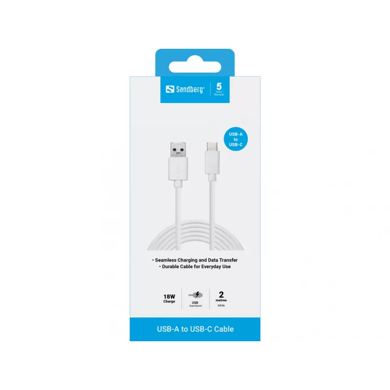 Sandberg USB-C 3.1 USB-A 3.0 2M, 2 m, USB C, USB A, USB 3.2 Gen 1 (3.1 Gen 1), Stecker/Stecker, Weiß