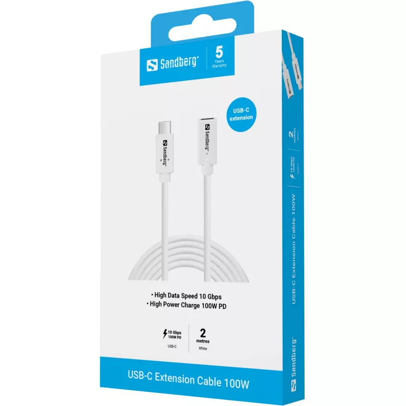 Sandberg USB-C-auf-USB-C-Kabel 2M 100W USB 3.2 Gen 2 Weiß