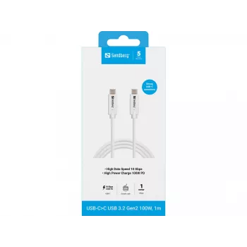 Sandberg USB-CC USB 3.2 Gen2 100W, 1M, 1 m, USB C, USB C, USB 3.2 Gen 2 (3.1 Gen 2), 10 Gbit/s, Weiß
