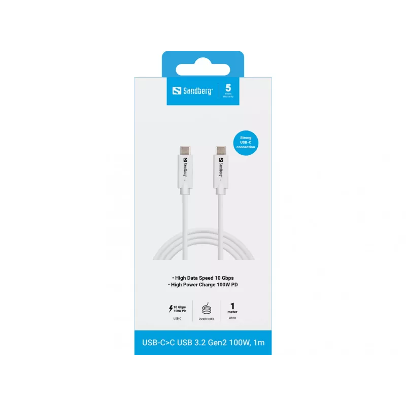 Sandberg USB-CC USB 3.2 Gen2 100W, 1M, 1 m, USB C, USB C, USB 3.2 Gen 2 (3.1 Gen 2), 10 Gbit/s, Weiß