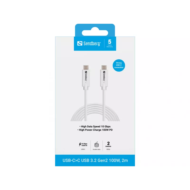 Sandberg USB-C>C USB 3.1 G2 100W 2M Kabel Weiß