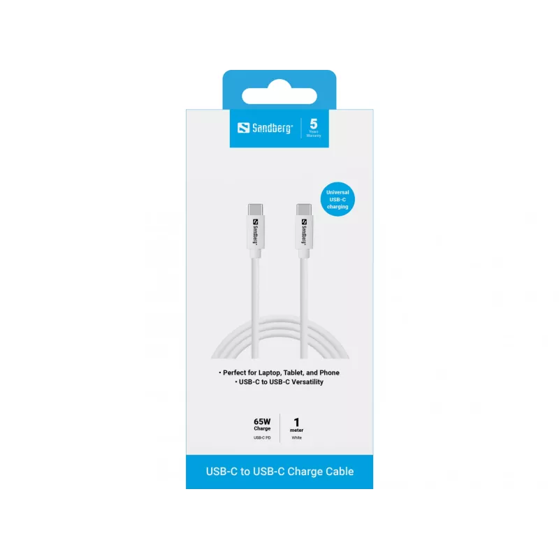Sandberg USB-C Ladekabel 1M, 65W, 1 m, USB C, USB C, USB 3.2 Gen 1 (3.1 Gen 1), Weiß