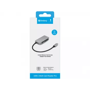 Sandberg USB-C Multi Card Reader Pro, CF, MMC, MicroSD (TransFlash), SD, SDHC, SDXC, xD, Schwarz, USB 3.2 Gen 1 (3.1 Gen 1) Type-C, 1 St., 82 mm, 23 mm