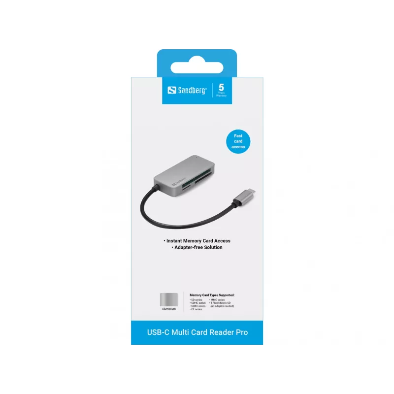 Sandberg USB-C Multi Card Reader Pro, CF, MMC, MicroSD (TransFlash), SD, SDHC, SDXC, xD, Schwarz, USB 3.2 Gen 1 (3.1 Gen 1) Type-C, 1 St., 82 mm, 23 mm