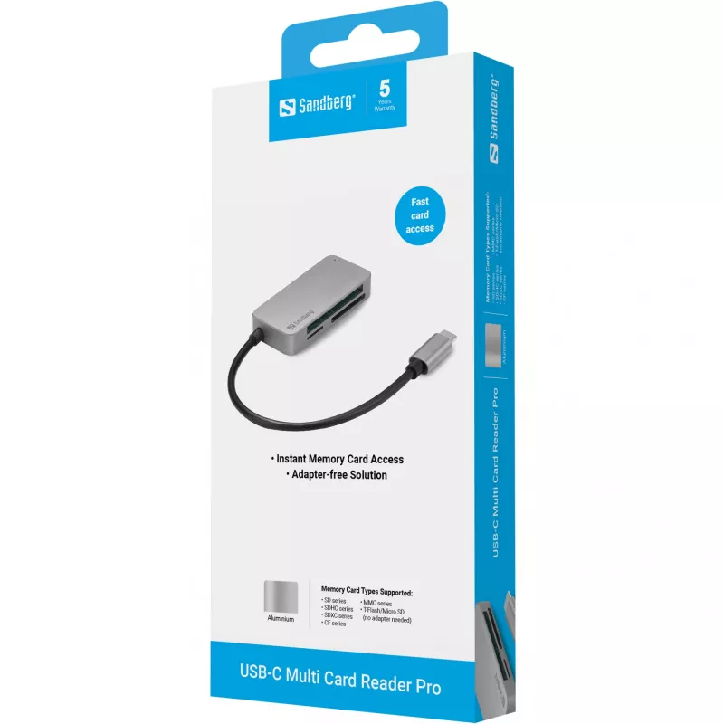 Sandberg USB-C Multi Card Reader Pro, CF, MMC, MicroSD (TransFlash), SD, SDHC, SDXC, xD, Schwarz, USB 3.2 Gen 1 (3.1 Gen 1) Type-C, 1 St., 82 mm, 23 mm