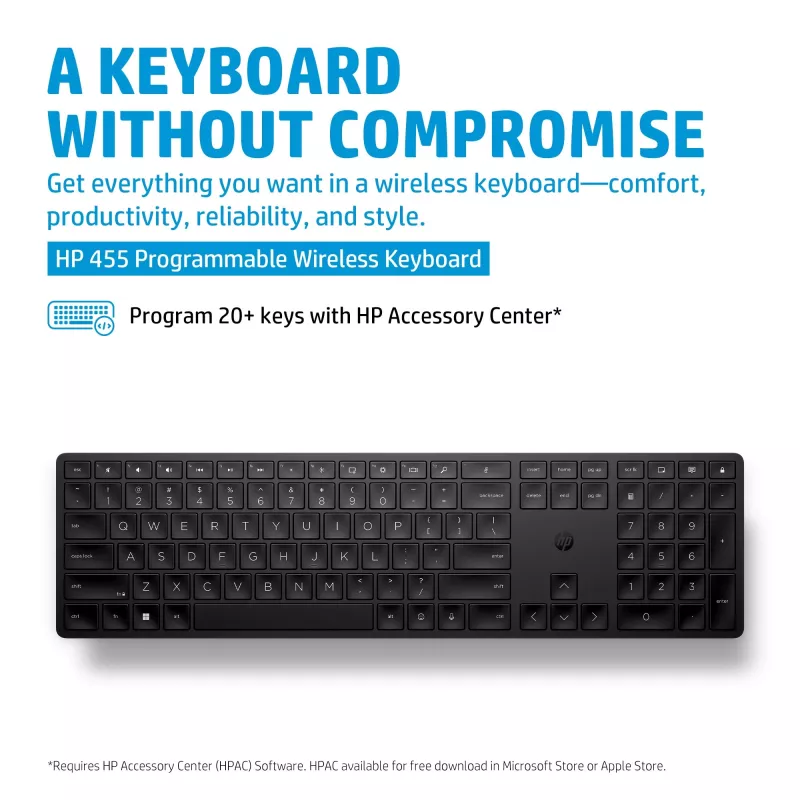 HP 455 Programmierbare drahtlose Tastatur, Full-Size (100 %), Kabellos, RF Wireless, Membran, Schwarz