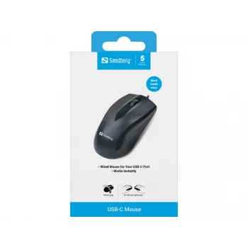 Sandberg USB-C-Maus, beidhändig, optisch, USB Type-C, 1200 DPI, Schwarz