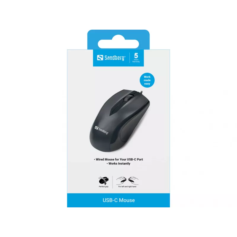 Sandberg USB-C-Maus, beidhändig, optisch, USB Type-C, 1200 DPI, Schwarz