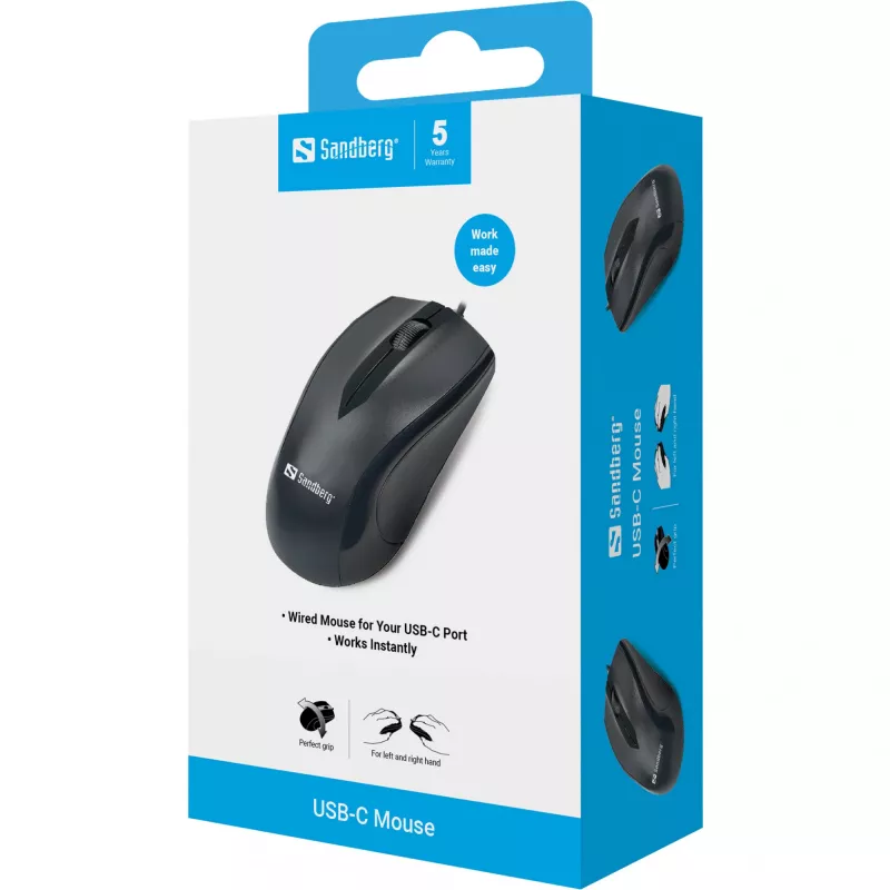 Sandberg USB-C-Maus, beidhändig, optisch, USB Type-C, 1200 DPI, Schwarz