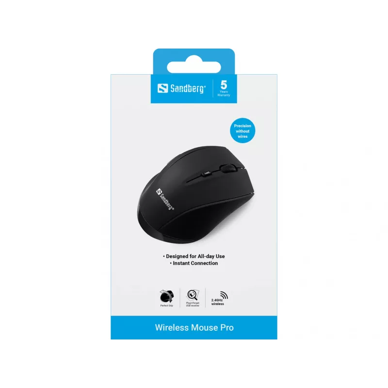 Sandberg Wireless Maus Pro, Rechtshänder, Optisch, RF Wireless, 1600 DPI, Schwarz
