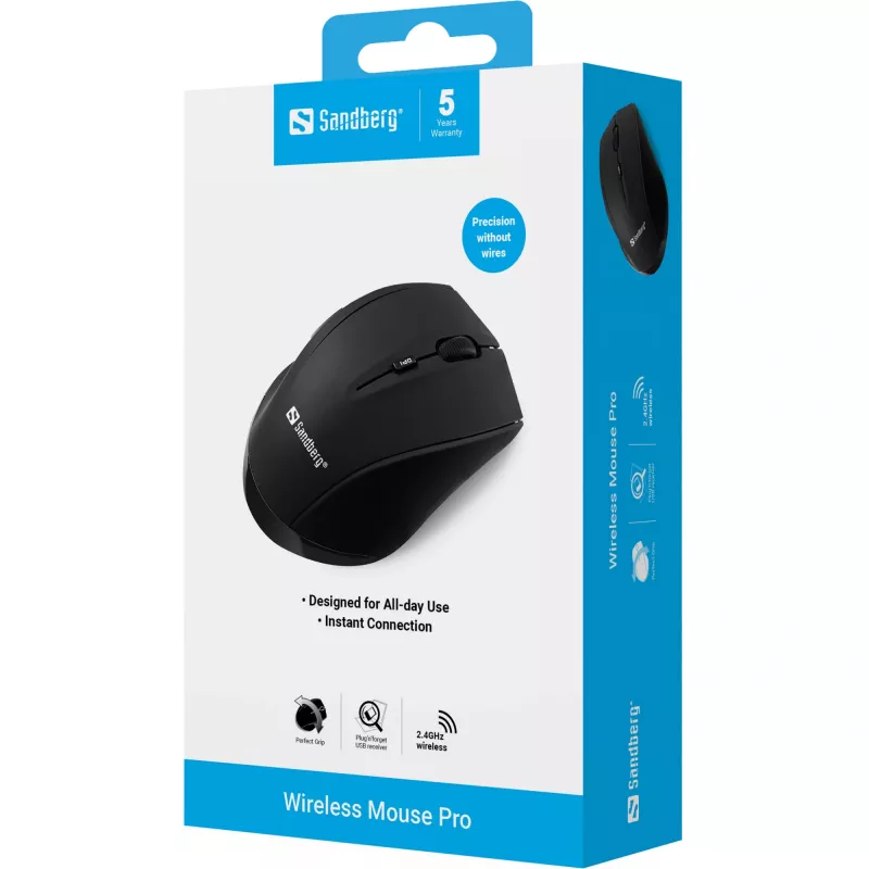 Sandberg Wireless Maus Pro, Rechtshänder, Optisch, RF Wireless, 1600 DPI, Schwarz