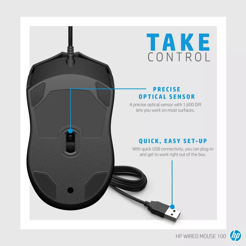 HP Kabelgebundene Maus 100, beidhändig, optisch, USB Typ-A, 1600 DPI, Schwarz