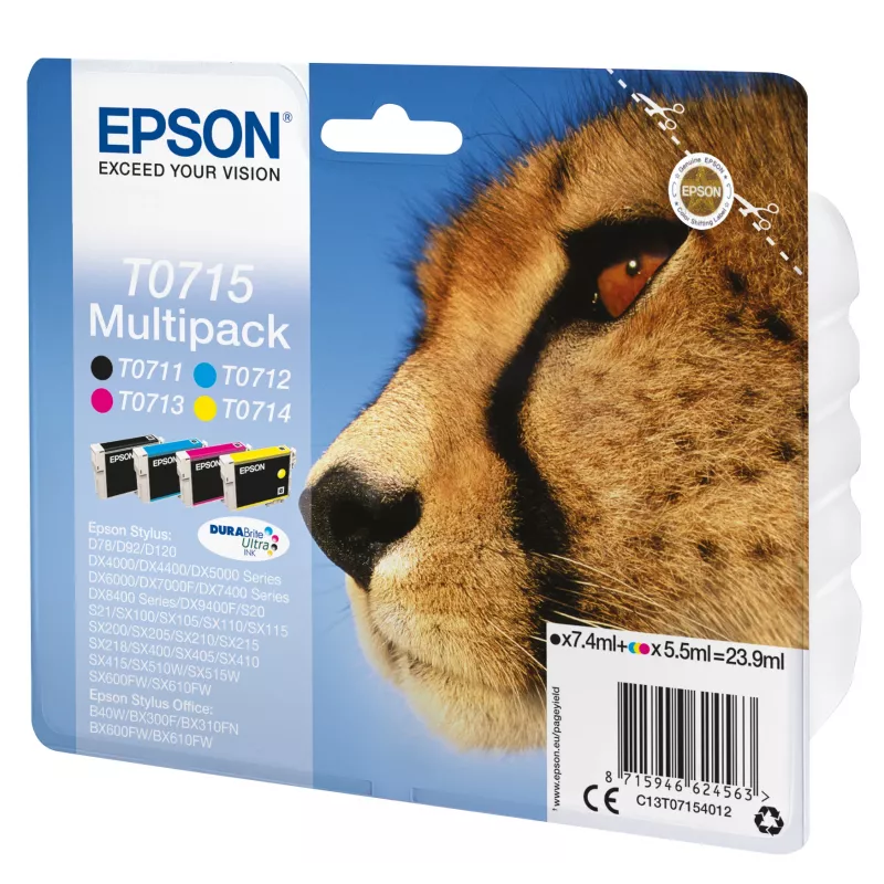 Epson Multipack 4-Farben T0715 DURABrite Ultra Tinte, Schwarz, Cyan, Magenta, Gelb, 7,4 ml, 5,5 ml, 1 Stk., Mehrfachpackung