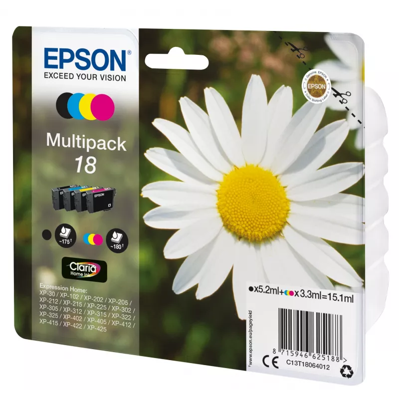 Epson Daisy Multipack 4-Farben 18 Claria Home Ink, Schwarz, Cyan, Magenta, Gelb, 5,2 ml, 3,3 ml, 1 St., 175 Seiten, Multipack
