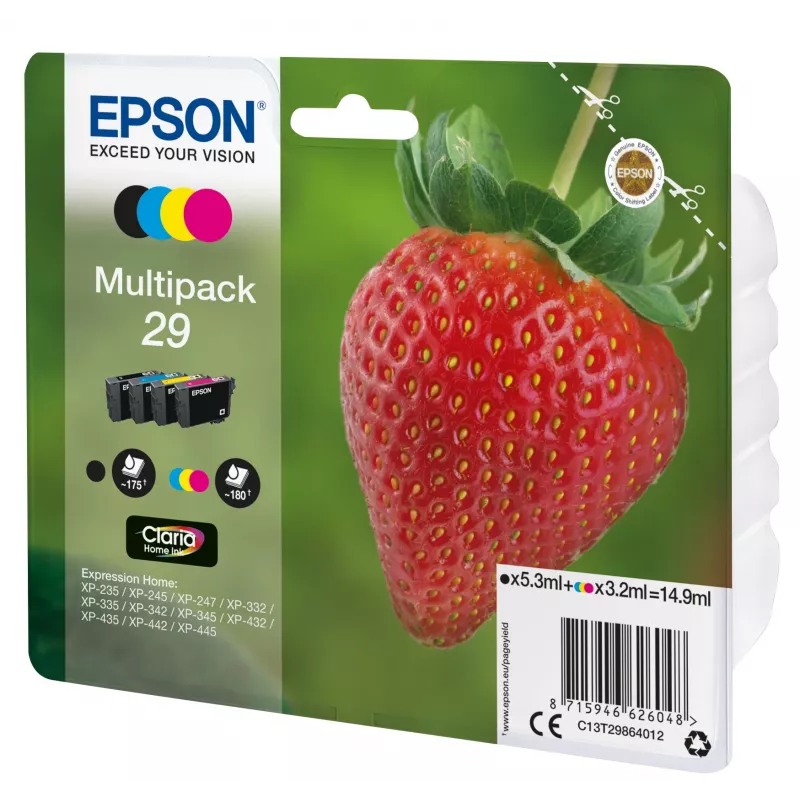 Epson Strawberry Multipack 4-Farben 29 Claria Home Tinte, Schwarz, Cyan, Magenta, Gelb, 5,3 ml, 3,2 ml, 1 Stk., 175 Seiten, Multipack