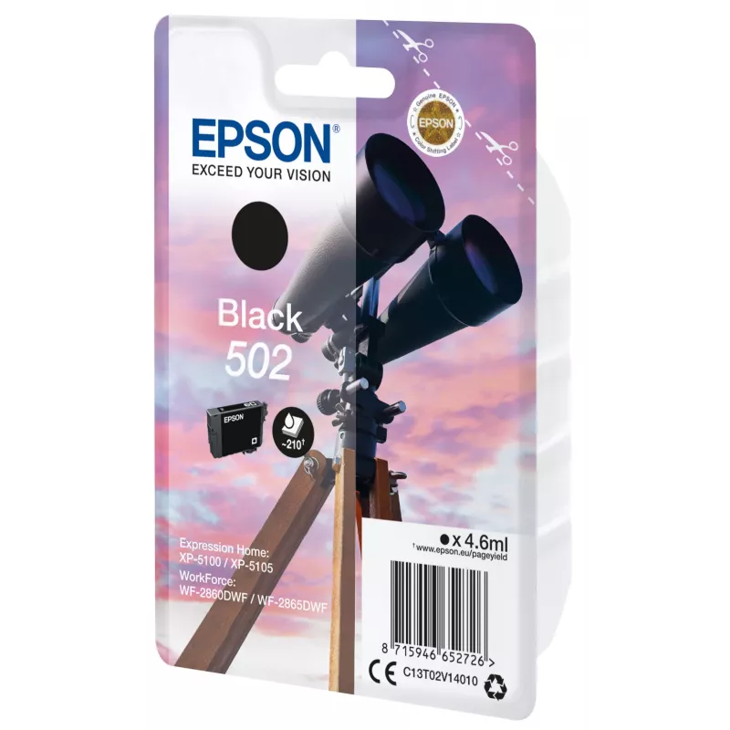 Epson Singlepack Schwarz 502 Tinte, Standard-Reichweite, Schwarz, Pigmenttinte, 4,6 ml, 1 Stück, 210 Seiten