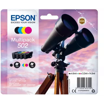 Epson Multipack 4-Farben 502 Tinte, Standardkapazität, Schwarz, Cyan, Magenta, Gelb, 4,6 ml, 3,3 ml, 1 Stück, 210 Seiten