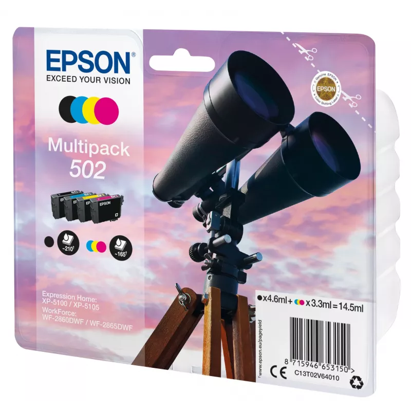 Epson Multipack 4-Farben 502 Tinte, Standardkapazität, Schwarz, Cyan, Magenta, Gelb, 4,6 ml, 3,3 ml, 1 Stück, 210 Seiten