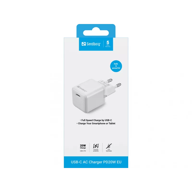 Sandberg USB-C AC-Ladegerät PD20W EU, Innenbereich, AC, 5 V, 3 A, Weiß