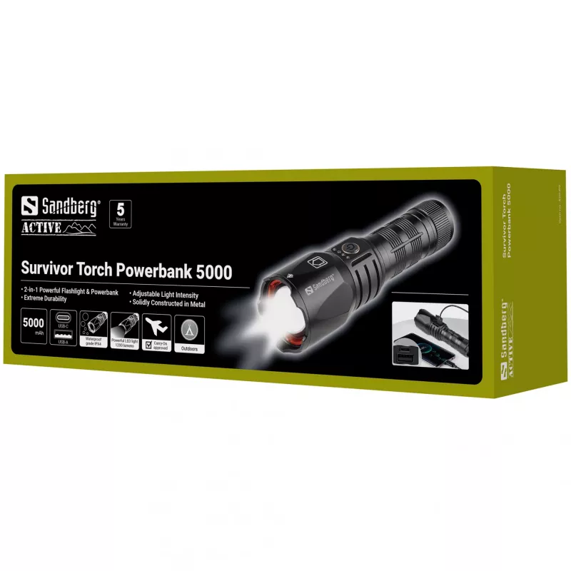 Sandberg Survivor Torch Powerbank 5000, Hand-Taschenlampe, Schwarz, Aluminium, IPX4, -30 – 40 °C, FCC, RoHS, UKCA, CE