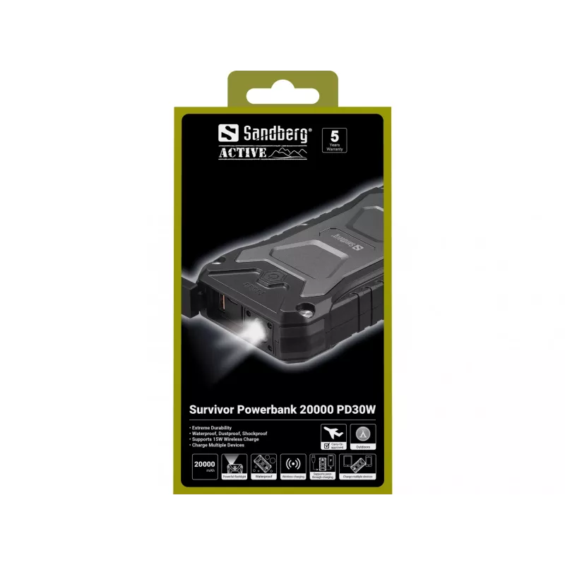 Sandberg Survivor Powerbank 20000 PD30W, 20000 mAh, Kabelloses Laden, Schwarz