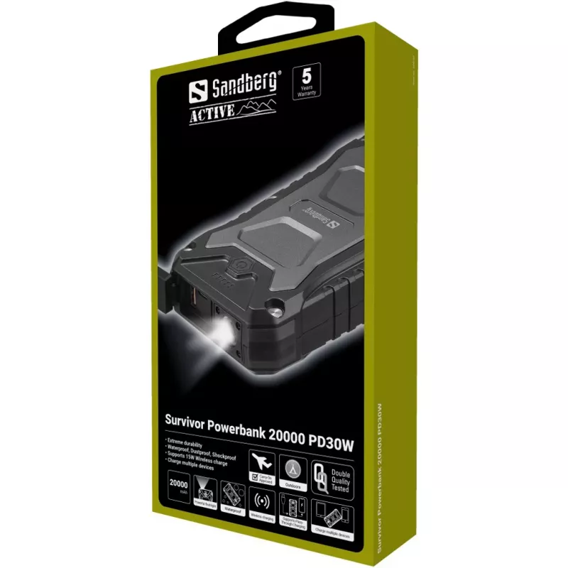 Sandberg Survivor Powerbank 20000 PD30W, 20000 mAh, Kabelloses Laden, Schwarz