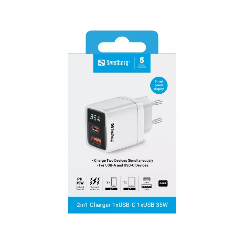 Ladegerät Sandberg 2in1 1xUSB-C 1xUSB 35W Indoor AC Universal