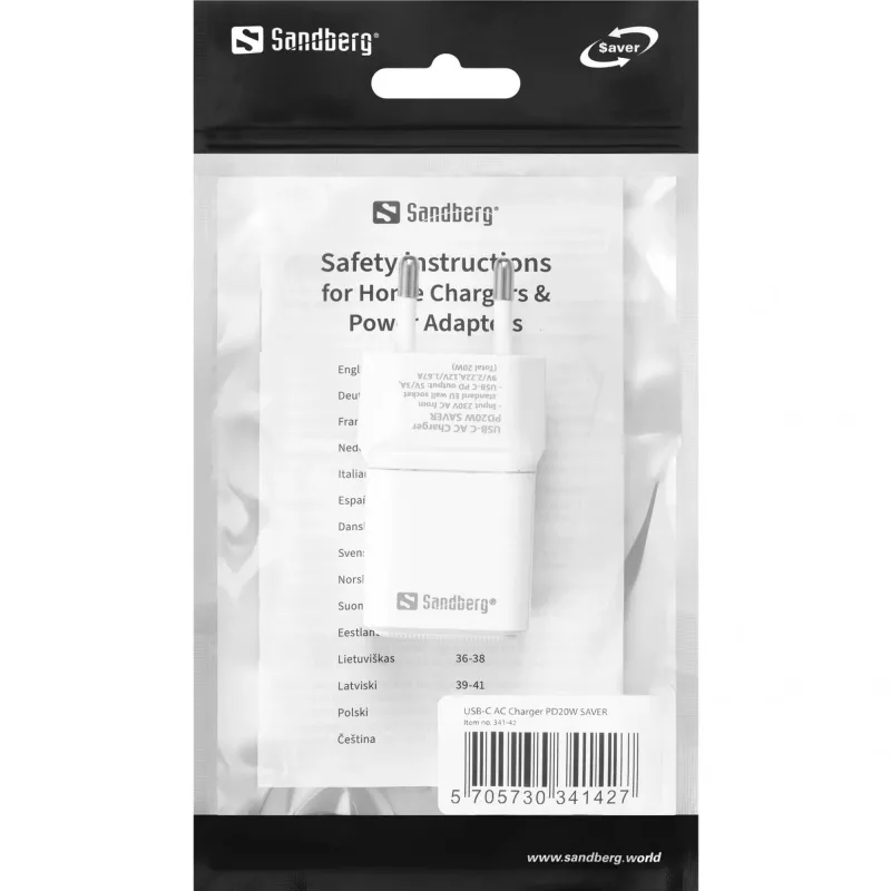 Sandberg USB-C AC Charger PD20W SAVER, Innenbereich, AC, 12 V, 3 A, Weiß