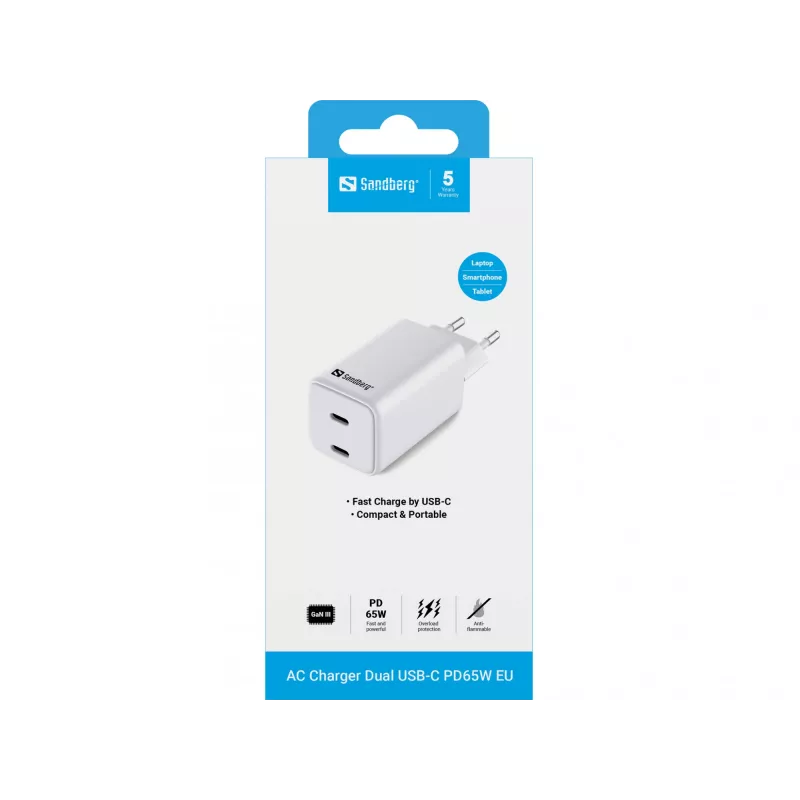 Sandberg AC Charger Dual USB-C PD65W EU, Innenbereich, AC, 20 V, 3,25 A, Weiß