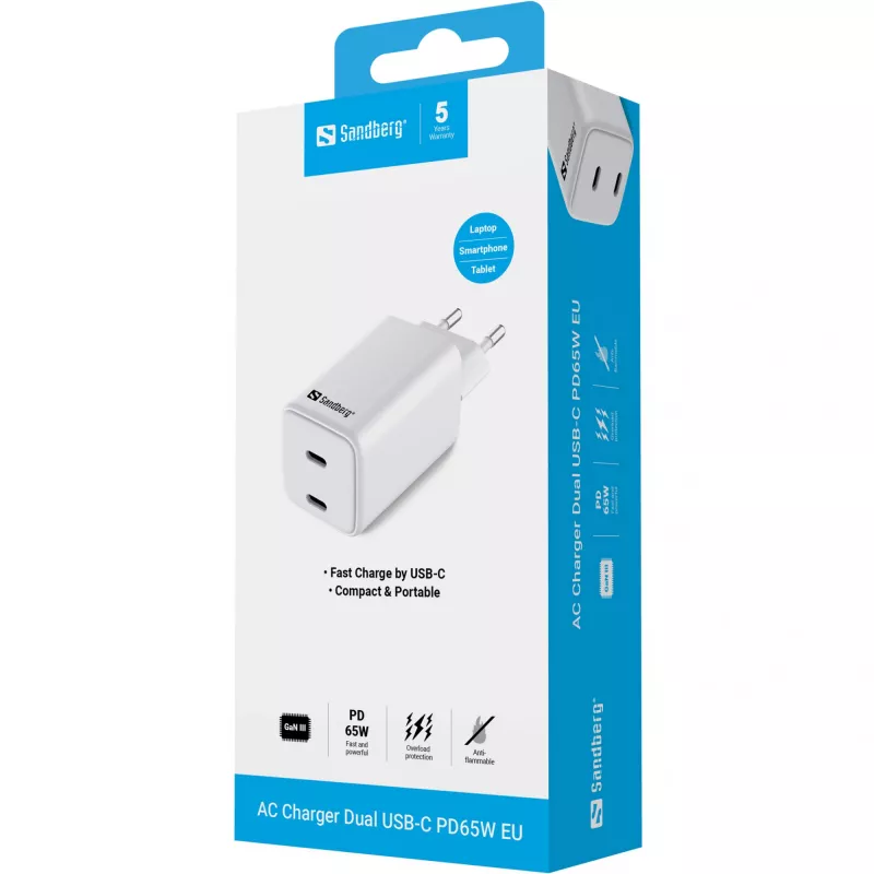 Sandberg AC Charger Dual USB-C PD65W EU, Innenbereich, AC, 20 V, 3,25 A, Weiß