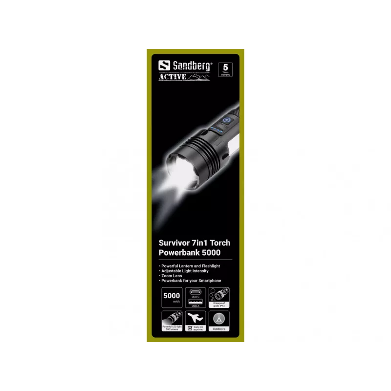 Sandberg Survivor 7in1 Torch Powerbank 5000, Hand-Taschenlampe, Schwarz, Aluminium, LED, 2 Lampen, 200 lm