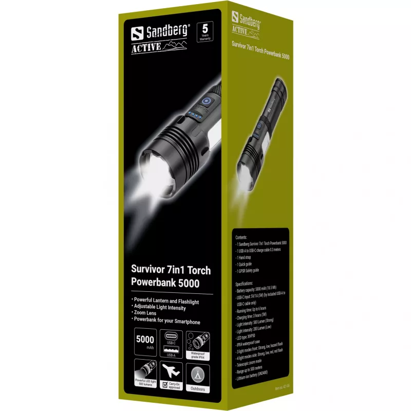 Sandberg Survivor 7in1 Torch Powerbank 5000, Hand-Taschenlampe, Schwarz, Aluminium, LED, 2 Lampen, 200 lm