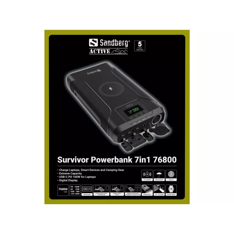 Sandberg Survivor Powerbank 7in1 76800, 76800 mAh, Lithium-Ion (Li-Ion), Kabelloses Laden, 3,6 V, Schwarz
