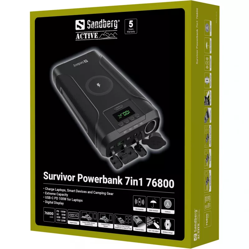 Sandberg Survivor Powerbank 7in1 76800, 76800 mAh, Lithium-Ion (Li-Ion), Kabelloses Laden, 3,6 V, Schwarz