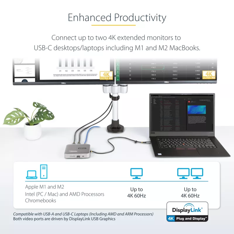 StarTech.com USB-C Dockingstation, Dual 4K 60Hz HDMI, kompatibel mit Macbook Pro (M1/M2/M3/M4) und Windows, USB-A/USB-C 10Gbps Hub, 100W Power Delivery, GbE, SD, 56cm Kabel