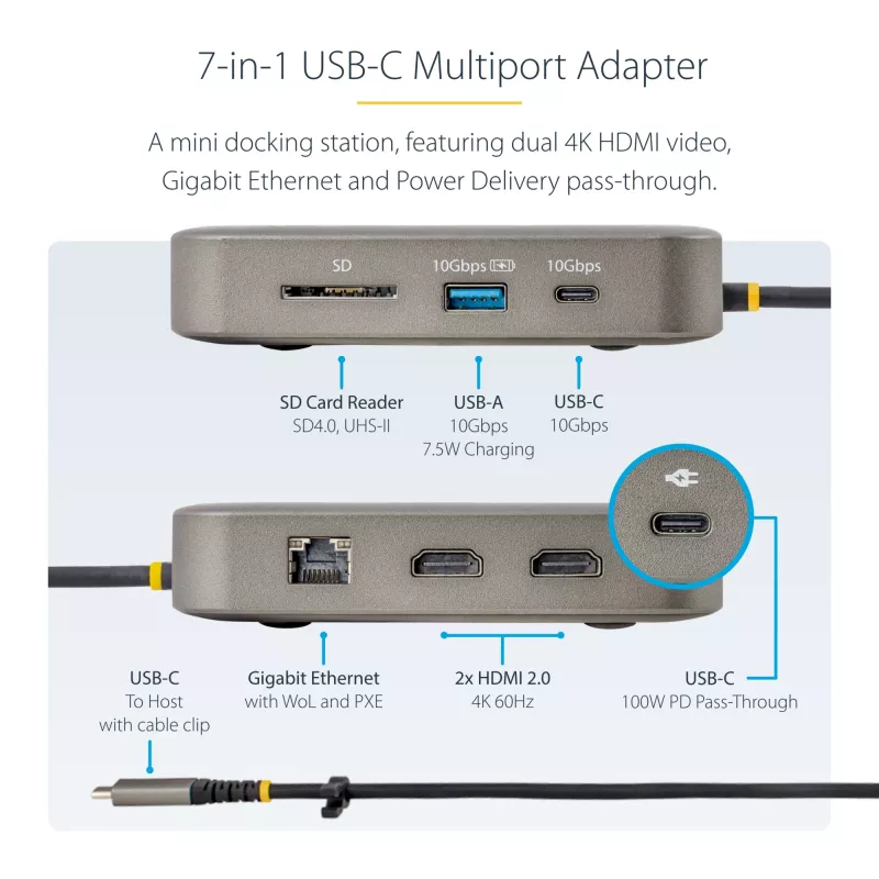 StarTech.com USB-C Dockingstation, Dual 4K 60Hz HDMI, kompatibel mit Macbook Pro (M1/M2/M3/M4) und Windows, USB-A/USB-C 10Gbps Hub, 100W Power Delivery, GbE, SD, 56cm Kabel