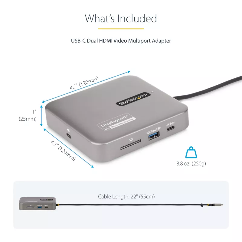 StarTech.com USB-C Dockingstation, Dual 4K 60Hz HDMI, kompatibel mit Macbook Pro (M1/M2/M3/M4) und Windows, USB-A/USB-C 10Gbps Hub, 100W Power Delivery, GbE, SD, 56cm Kabel