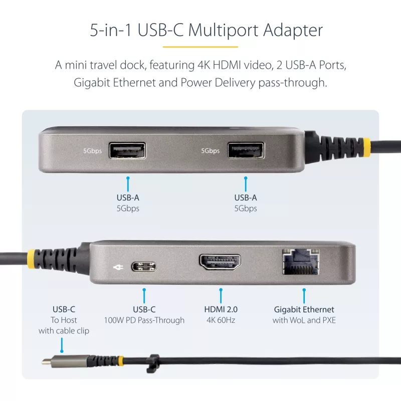 StarTech.com USB-C-Multiport-Adapter – 4K 60Hz HDMI – HDR – 2-Port 5Gbps USB 3.0 Hub – 100W Power Delivery Pass-Through – GbE – Works with Chromebook zertifiziert – Windows/macOS