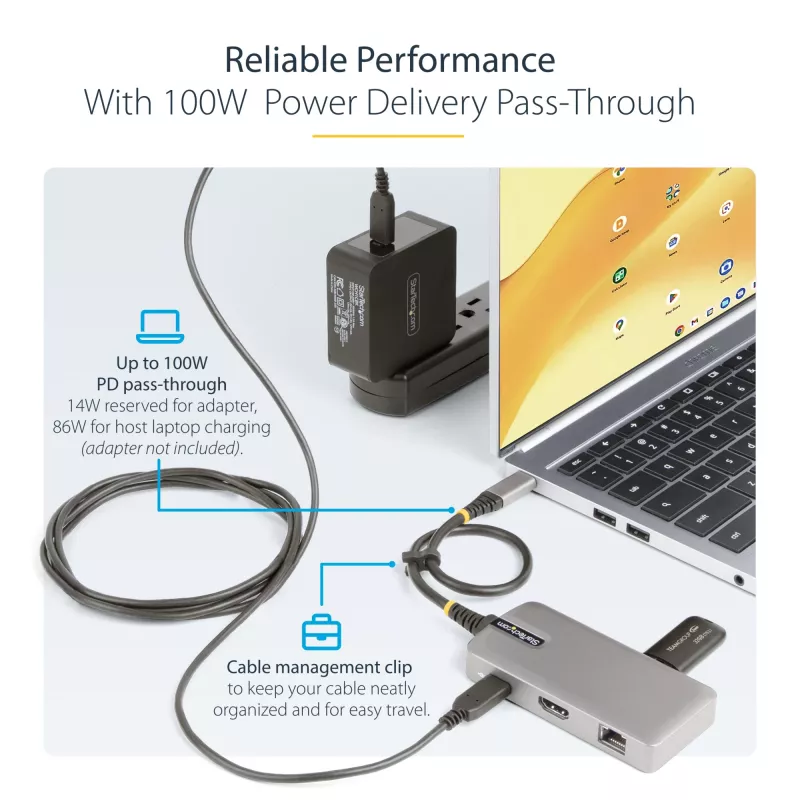 StarTech.com USB-C-Multiport-Adapter – 4K 60Hz HDMI – HDR – 2-Port 5Gbps USB 3.0 Hub – 100W Power Delivery Pass-Through – GbE – Works with Chromebook zertifiziert – Windows/macOS