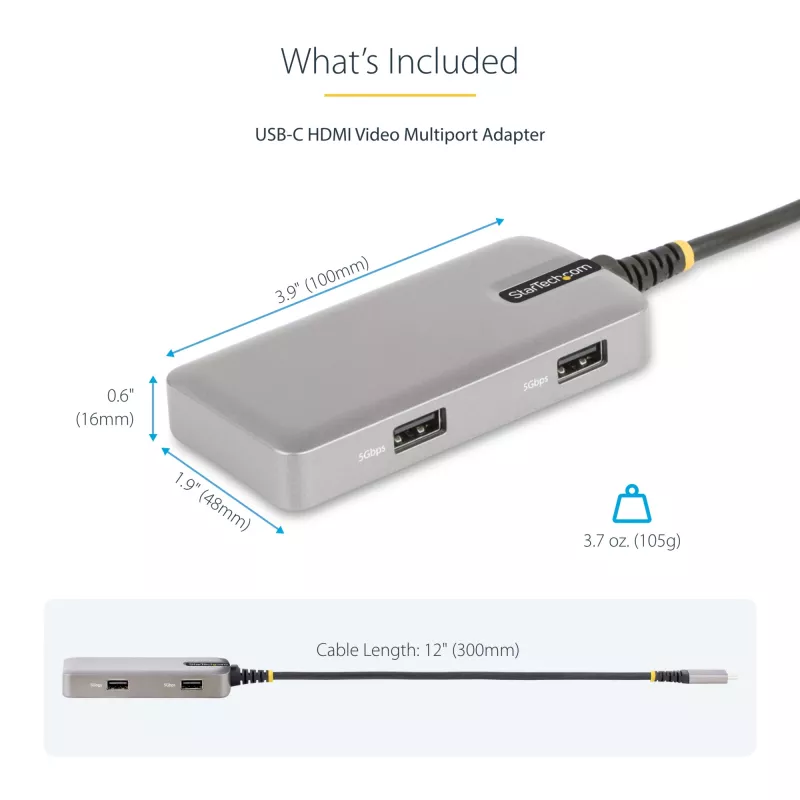 StarTech.com USB-C-Multiport-Adapter – 4K 60Hz HDMI – HDR – 2-Port 5Gbps USB 3.0 Hub – 100W Power Delivery Pass-Through – GbE – Works with Chromebook zertifiziert – Windows/macOS