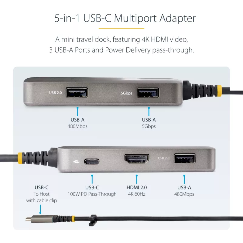 StarTech.com USB-C-Multiport-Adapter - 4K 60Hz HDMI mit HDR - 3-Port-USB-Hub - 100W Power Delivery Durchschleifung - Works With Chromebook zertifiziert - Windows/macOS/iPadOS/Android™