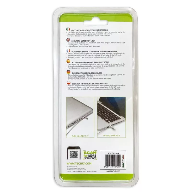 Techly Combination Notebook-Sicherheits-Zahlenschloss für Nano-Slot, 1,8 m, Zahlenschloss, Metall, Stahl, Silber
