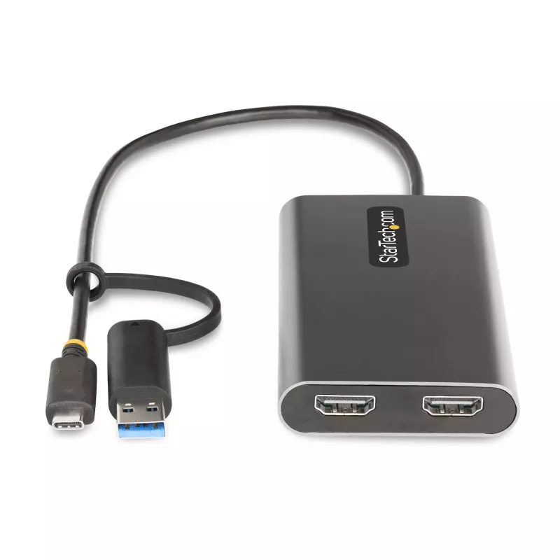 StarTech.com USB-C auf Dual-HDMI-Adapter – USB-C oder A auf 2x HDMI – 4K 60Hz – 100W Power Delivery Pass-Through – 30 cm (1ft) integriertes Kabel – USB-zu-HDMI Multi-Monitor-Konverter für Laptop – TAA
