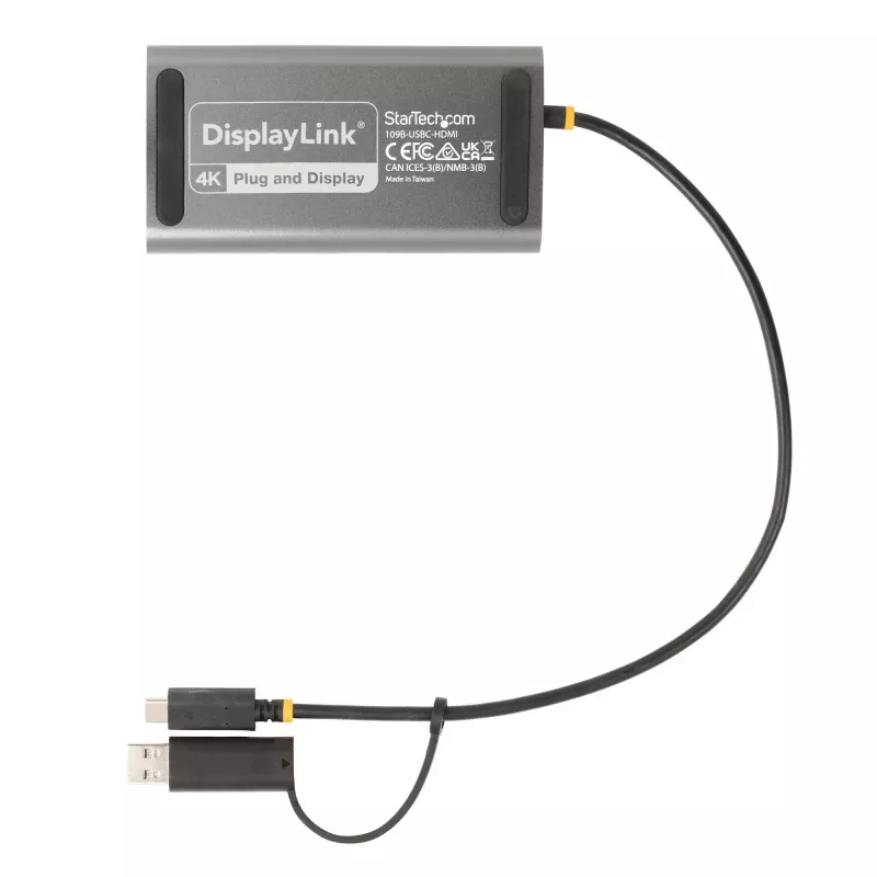 StarTech.com USB-C auf Dual-HDMI-Adapter – USB-C oder A auf 2x HDMI – 4K 60Hz – 100W Power Delivery Pass-Through – 30 cm (1ft) integriertes Kabel – USB-zu-HDMI Multi-Monitor-Konverter für Laptop – TAA