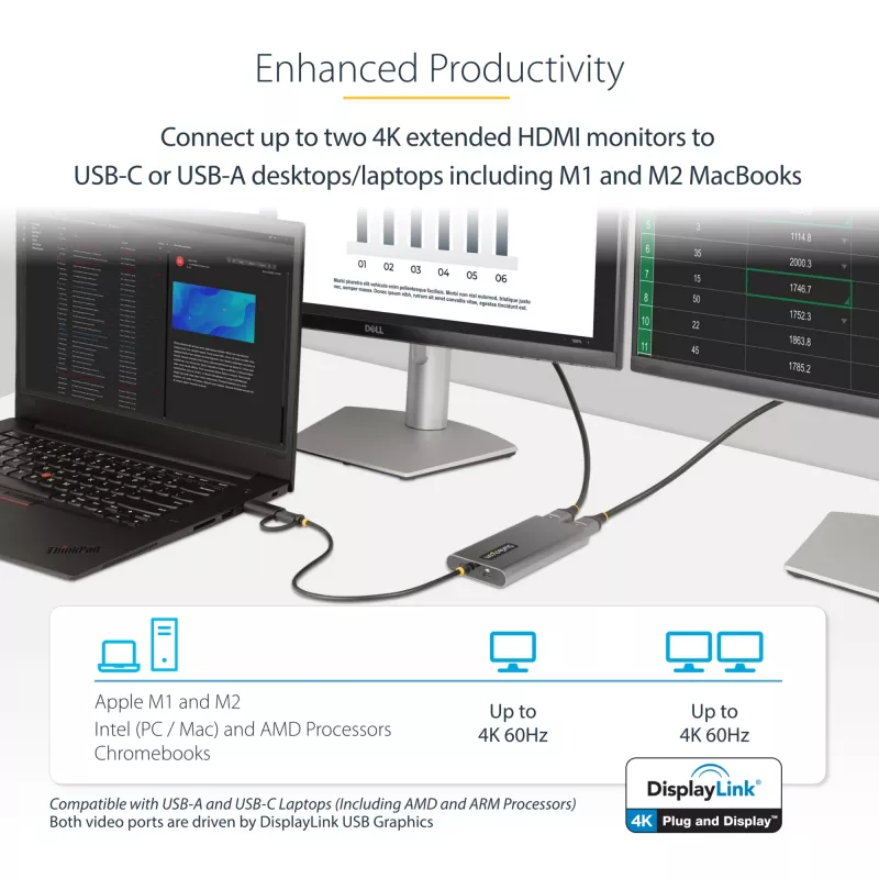 StarTech.com USB-C auf Dual-HDMI-Adapter – USB-C oder A auf 2x HDMI – 4K 60Hz – 100W Power Delivery Pass-Through – 30 cm (1ft) integriertes Kabel – USB-zu-HDMI Multi-Monitor-Konverter für Laptop – TAA