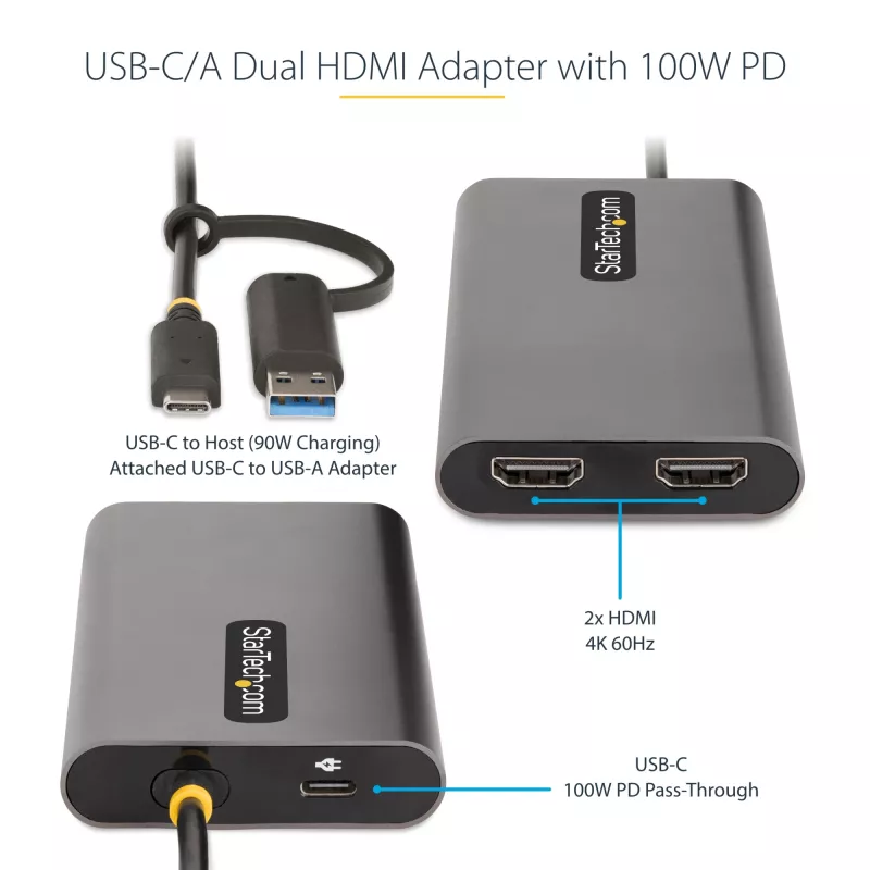 StarTech.com USB-C auf Dual-HDMI-Adapter – USB-C oder A auf 2x HDMI – 4K 60Hz – 100W Power Delivery Pass-Through – 30 cm (1ft) integriertes Kabel – USB-zu-HDMI Multi-Monitor-Konverter für Laptop – TAA