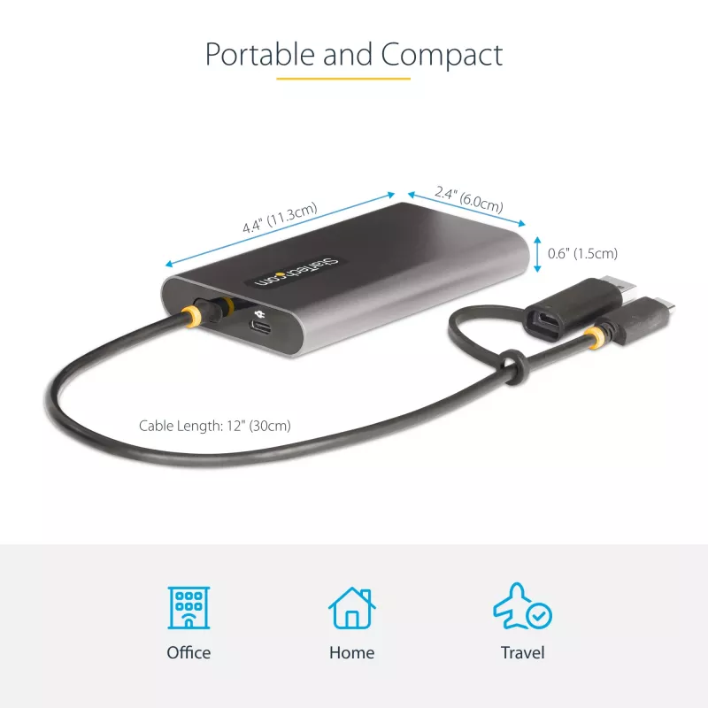 StarTech.com USB-C auf Dual-HDMI-Adapter – USB-C oder A auf 2x HDMI – 4K 60Hz – 100W Power Delivery Pass-Through – 30 cm (1ft) integriertes Kabel – USB-zu-HDMI Multi-Monitor-Konverter für Laptop – TAA