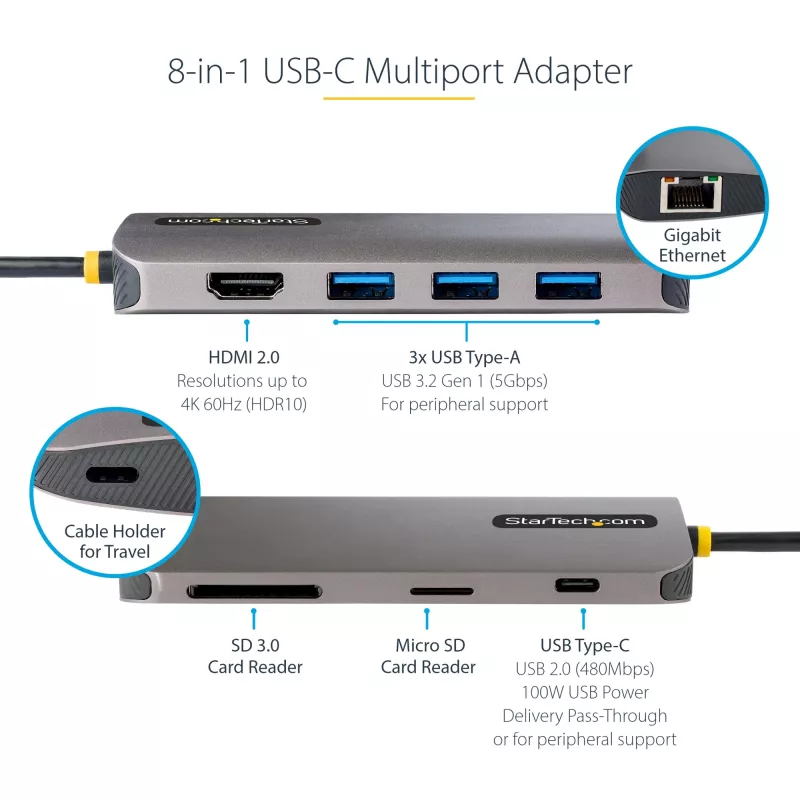 StarTech.com USB-C-Multiport-Adapter – 4K 60Hz HDMI-Video, 3-Port 5Gbit/s USB-A-Hub, 100W USB Power Delivery Durchschleifung/GbE/SD/MicroSD, 30cm Kabel, tragbare Laptop-Dockingstation