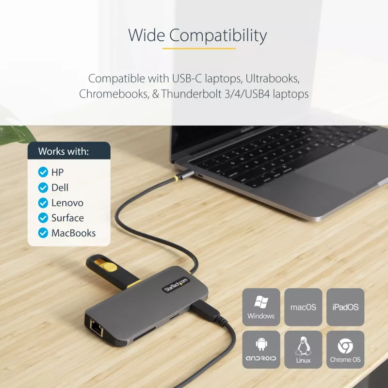 StarTech.com USB-C-Multiport-Adapter – 4K 60Hz HDMI-Video, 3-Port 5Gbit/s USB-A-Hub, 100W USB Power Delivery Durchschleifung/GbE/SD/MicroSD, 30cm Kabel, tragbare Laptop-Dockingstation