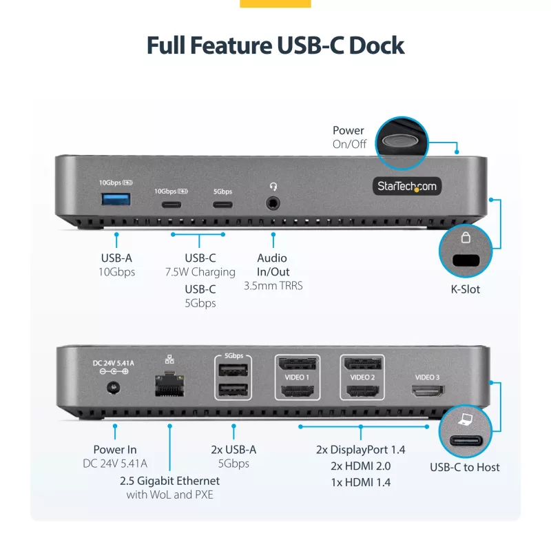 StarTech.com USB-C Triple Monitor Docking Station - HDMI/DP Triple 4k USB-C Dock - 5x USB Hub - GbE - 100W PD - Universal Multi Monitor Docking Station - Thunderbolt 3/4 Kompatibel